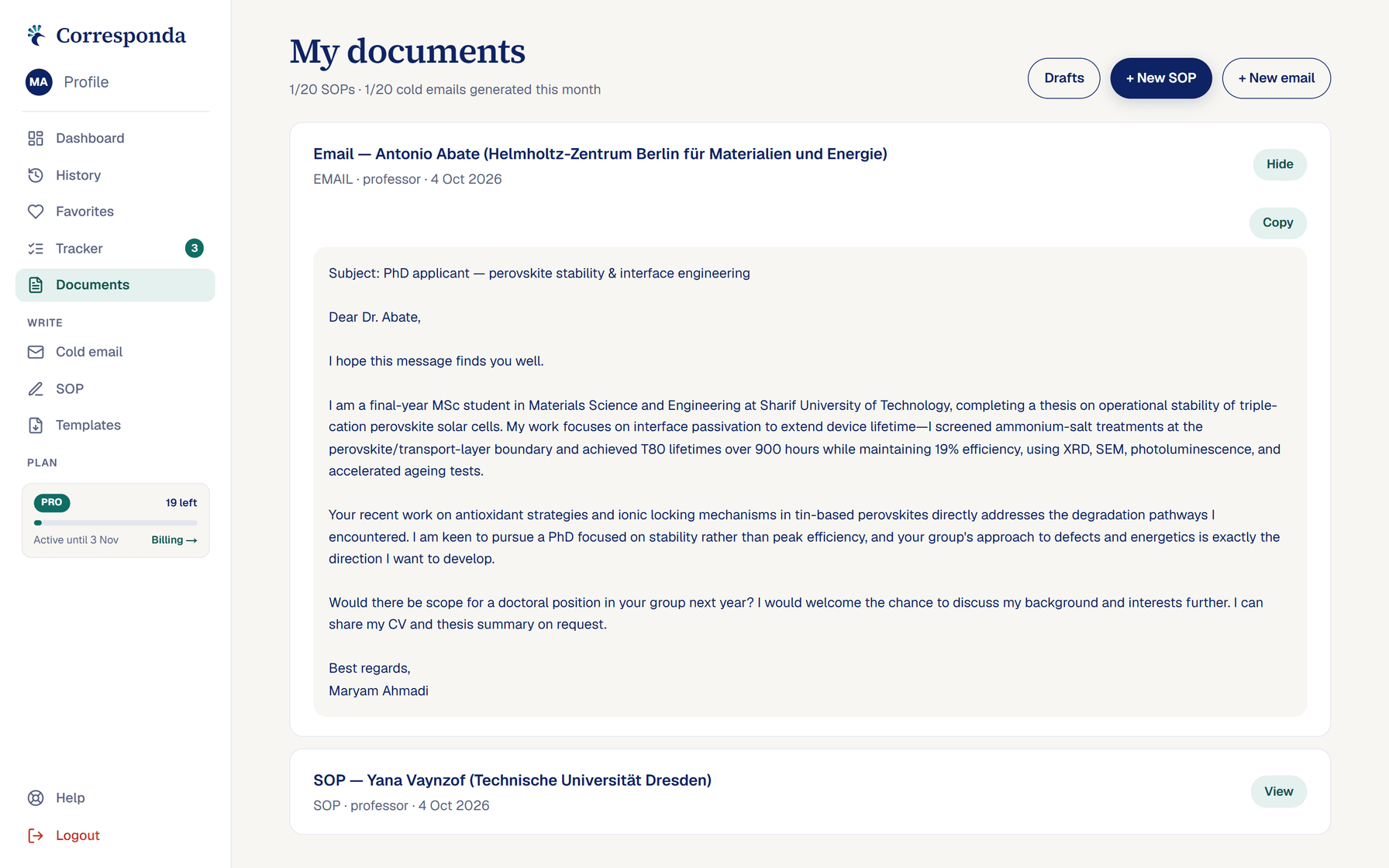 A generated cold outreach email addressed to a named professor