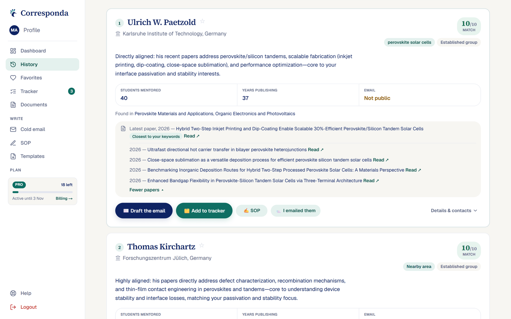 Matched supervisors, each with a match score, their recent papers and the ways to reach them