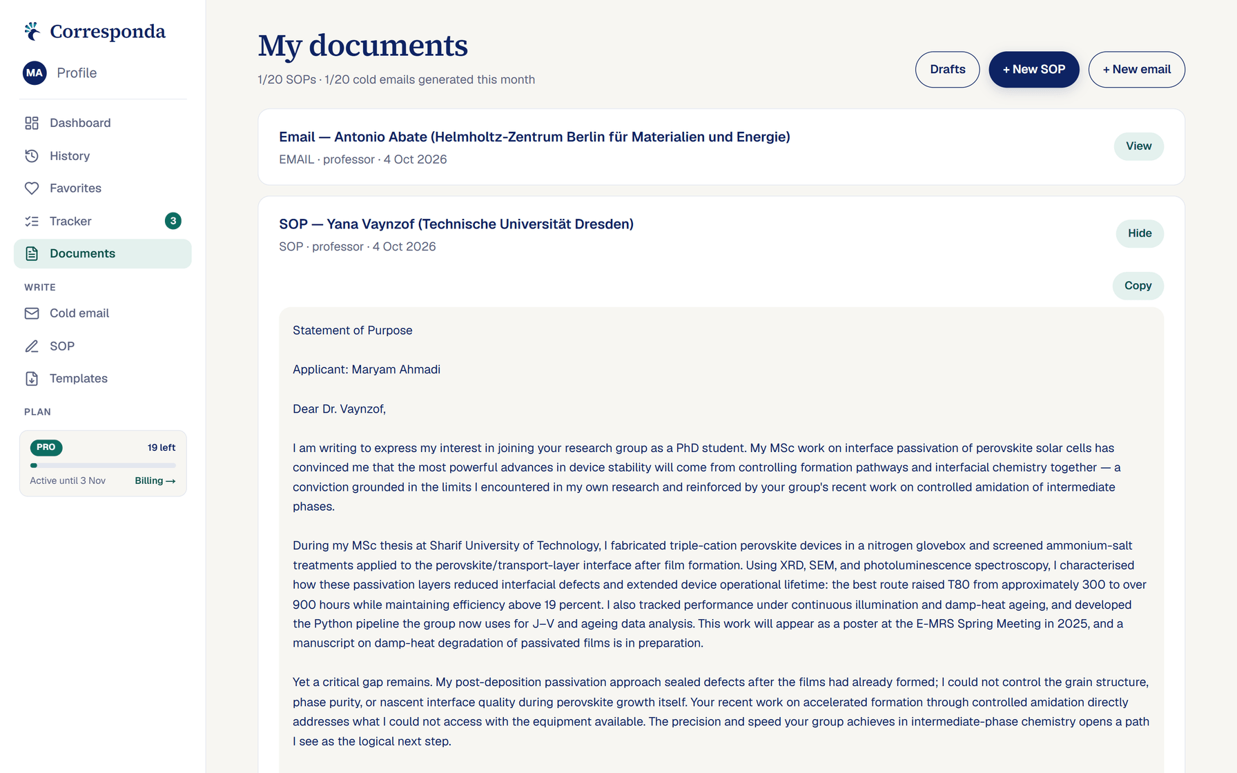 A generated statement of purpose addressed to a named professor