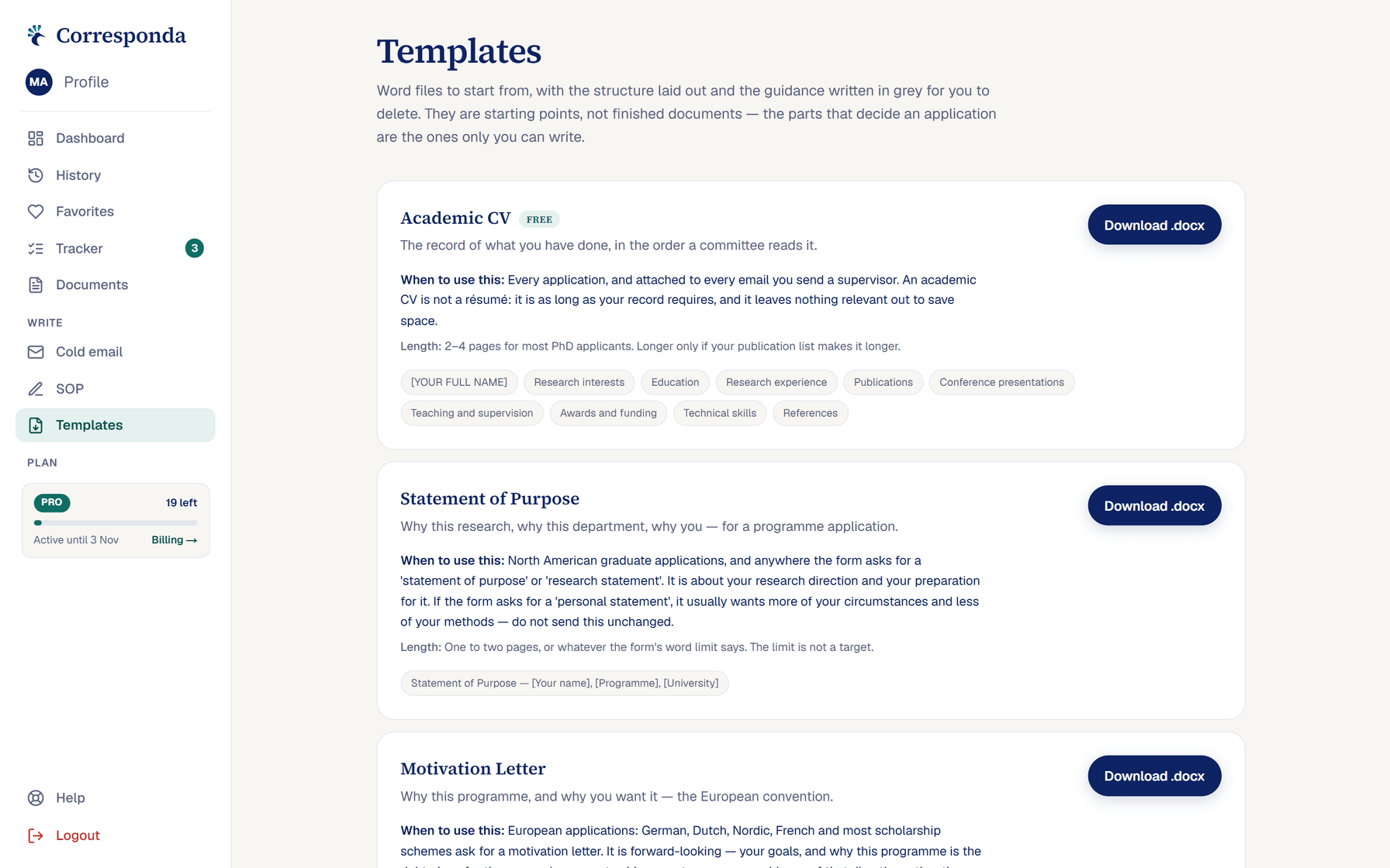 The templates page, listing the CV, statement of purpose and motivation letter templates
